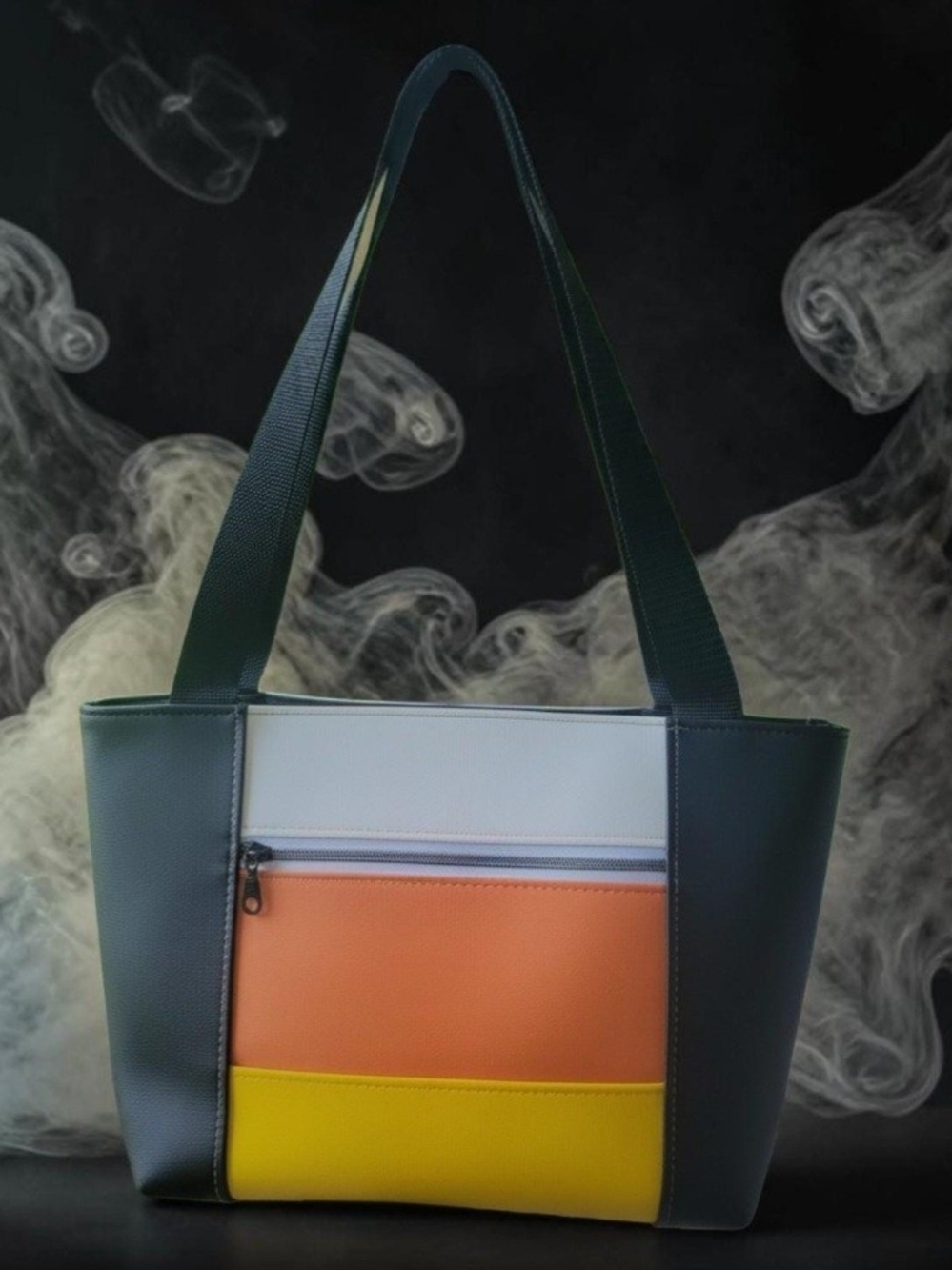 Colorblock Shoulder Tote in Black, White, Orange & Yellow